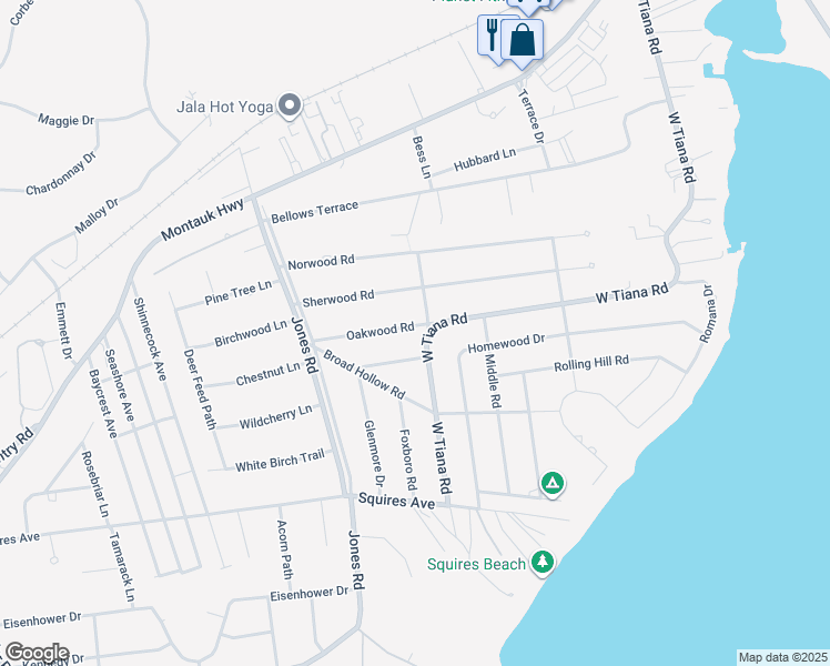 map of restaurants, bars, coffee shops, grocery stores, and more near 1 Oakwood Road in Hampton Bays
