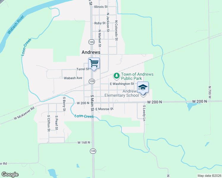 map of restaurants, bars, coffee shops, grocery stores, and more near 19 North Jackson Street in Andrews