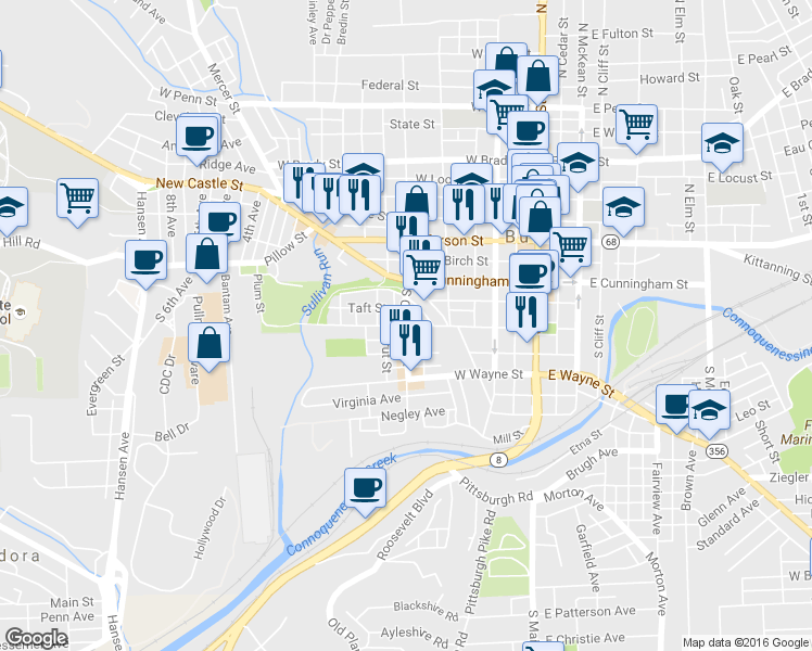 map of restaurants, bars, coffee shops, grocery stores, and more near 400 West Diamond Street in Butler