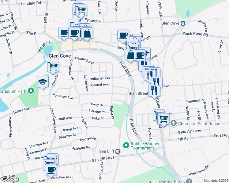map of restaurants, bars, coffee shops, grocery stores, and more near 19 Porter Place in Glen Cove