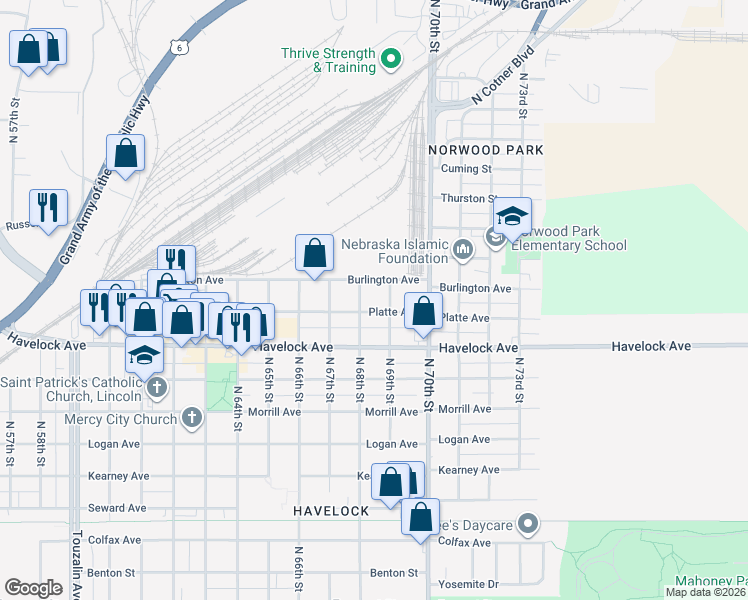 map of restaurants, bars, coffee shops, grocery stores, and more near 6818 Platte Avenue in Lincoln