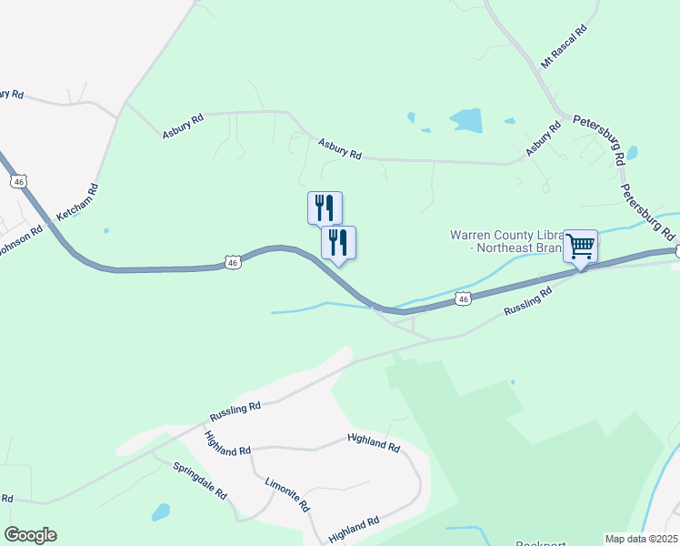 map of restaurants, bars, coffee shops, grocery stores, and more near 86 U.S. 46 in Hackettstown