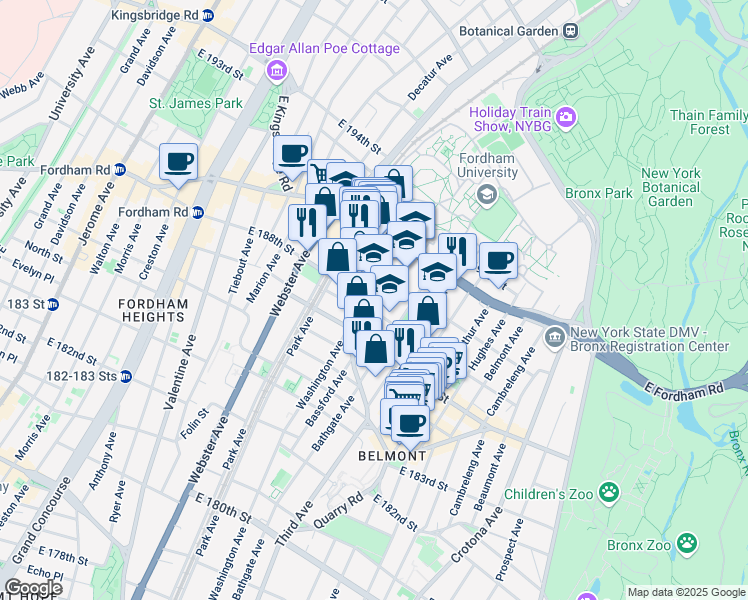 map of restaurants, bars, coffee shops, grocery stores, and more near 491 East 188th Street in Bronx
