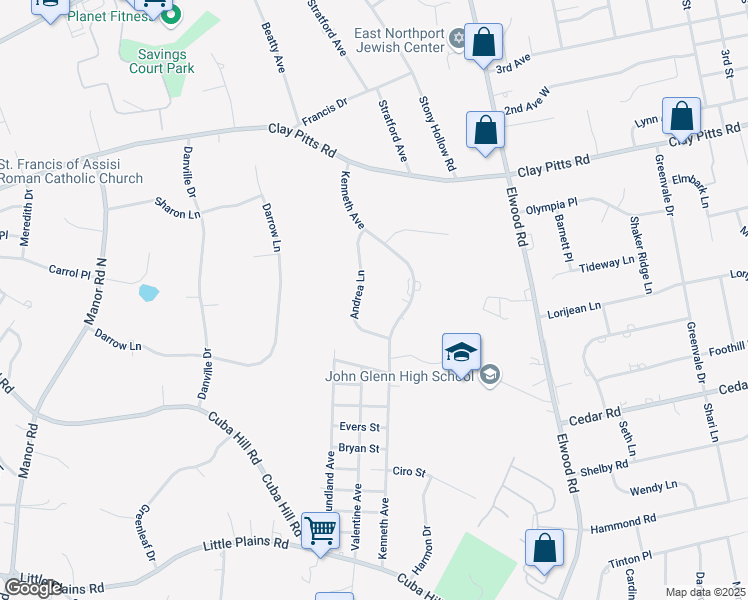 map of restaurants, bars, coffee shops, grocery stores, and more near 6 Andrea Ln in Greenlawn
