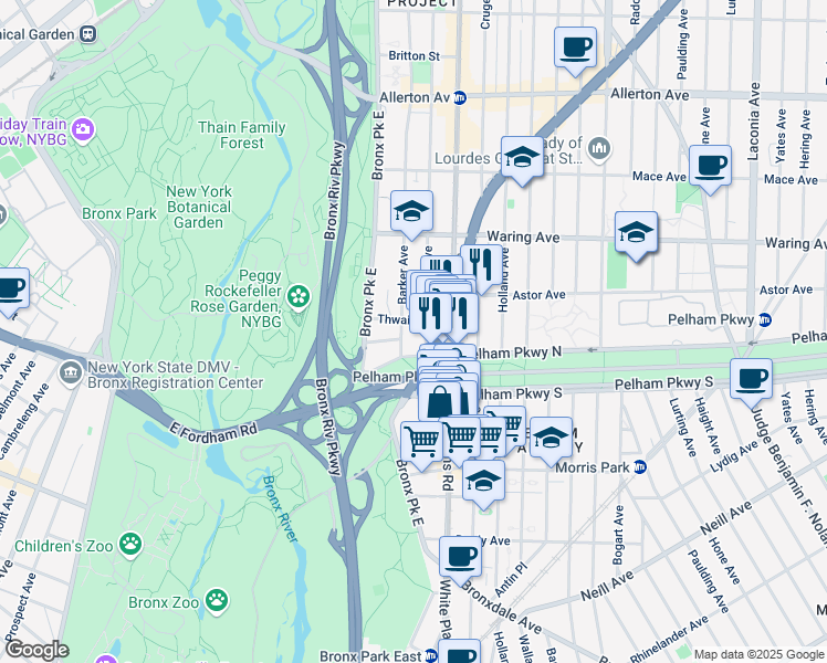 map of restaurants, bars, coffee shops, grocery stores, and more near 660 Thwaites Place in Bronx