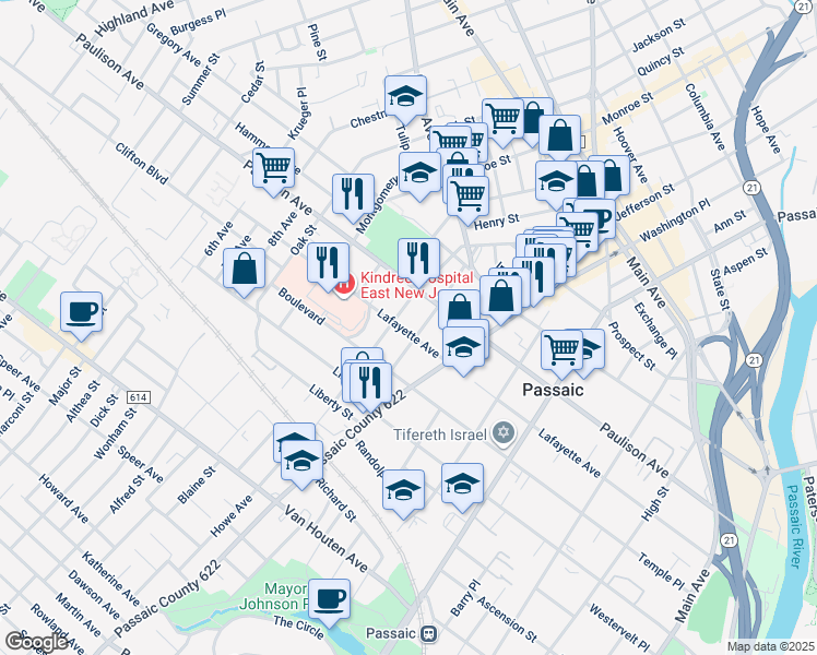 map of restaurants, bars, coffee shops, grocery stores, and more near 354 Lafayette Avenue in Passaic