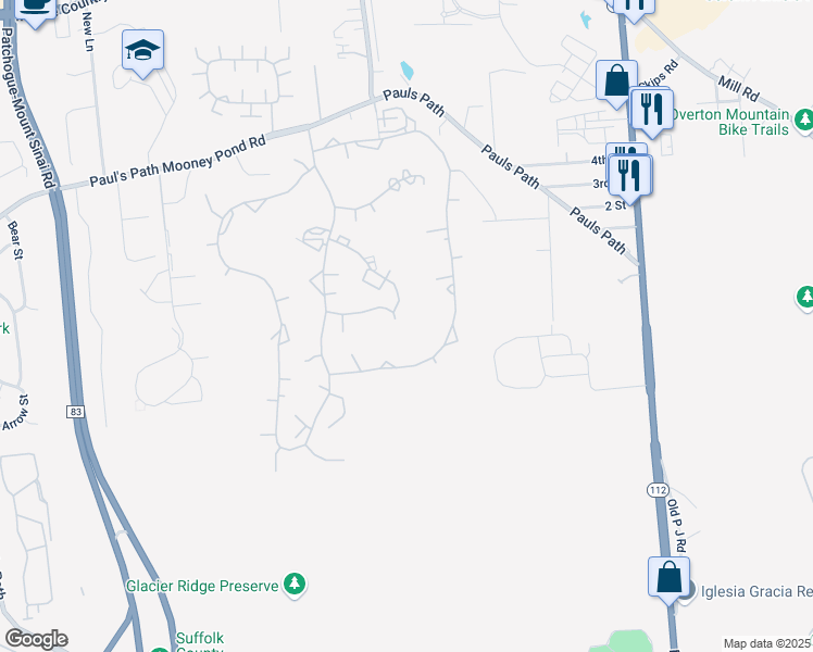 map of restaurants, bars, coffee shops, grocery stores, and more near 733 Hilltop Ct in Coram