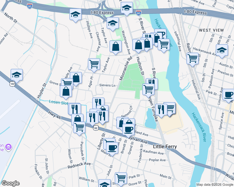 map of restaurants, bars, coffee shops, grocery stores, and more near 462 Liberty Street in Little Ferry