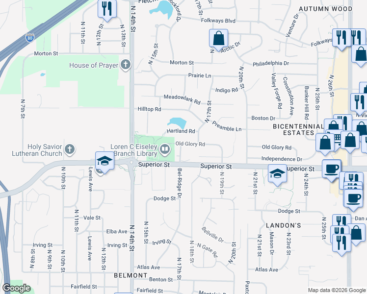 map of restaurants, bars, coffee shops, grocery stores, and more near 1629 Old Glory Road in Lincoln