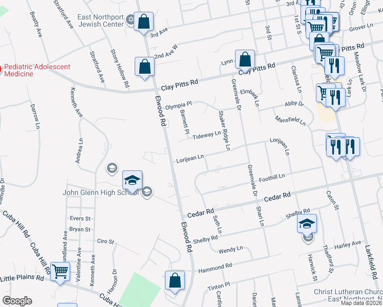 map of restaurants, bars, coffee shops, grocery stores, and more near 9 Lorijean Lane in East Northport