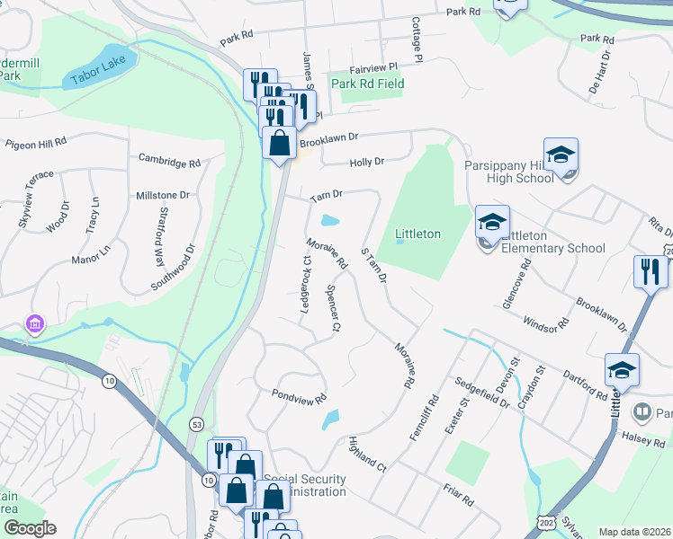 map of restaurants, bars, coffee shops, grocery stores, and more near 76 Moraine Rd in Morris Plains