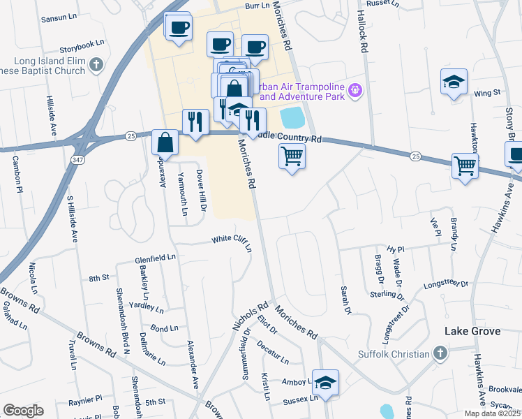 map of restaurants, bars, coffee shops, grocery stores, and more near 113 Moriches Road in Lake Grove