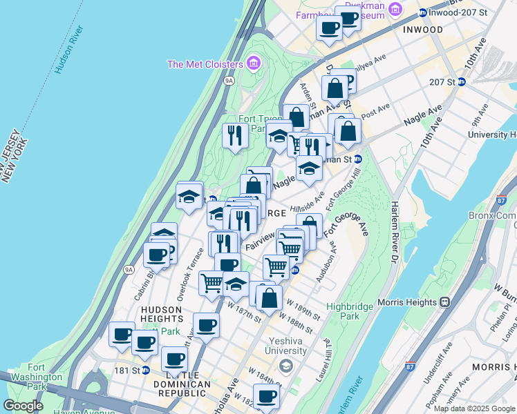 map of restaurants, bars, coffee shops, grocery stores, and more near 4524 Broadway in New York