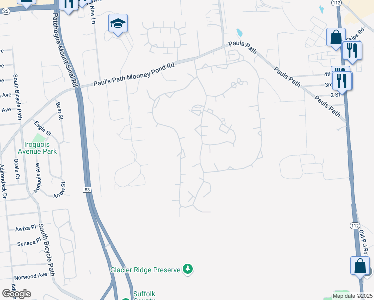 map of restaurants, bars, coffee shops, grocery stores, and more near 207 Skyline Drive in Coram