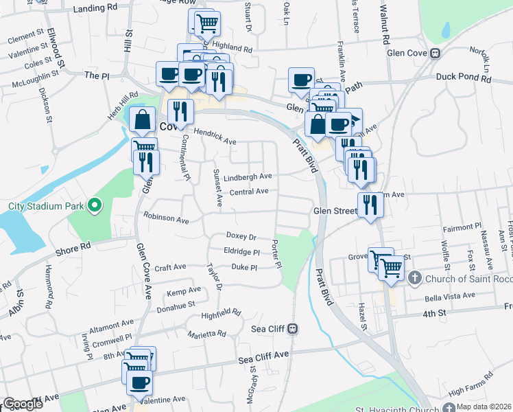 map of restaurants, bars, coffee shops, grocery stores, and more near 87 Robinson Avenue in Glen Cove