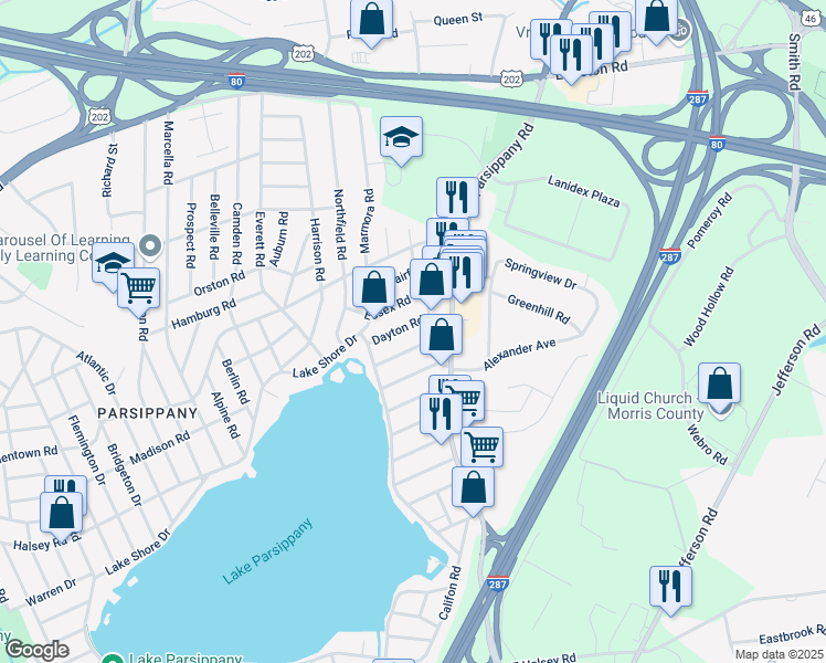 map of restaurants, bars, coffee shops, grocery stores, and more near 38 Dayton Road in Parsippany-Troy Hills