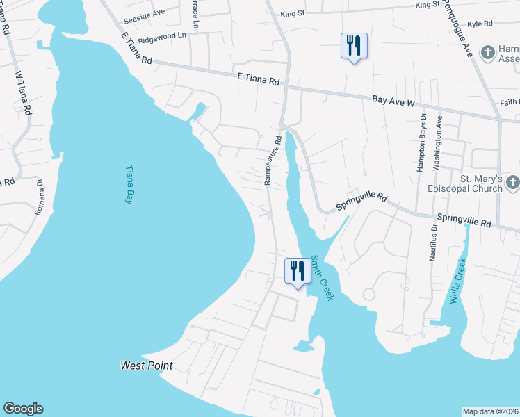 map of restaurants, bars, coffee shops, grocery stores, and more near 31 Rampasture Road in Hampton Bays