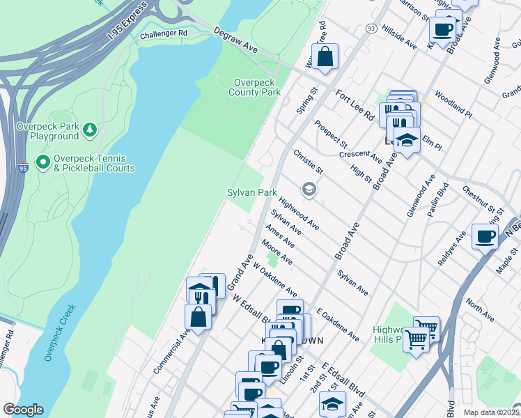 map of restaurants, bars, coffee shops, grocery stores, and more near 166 Grand Avenue in Leonia