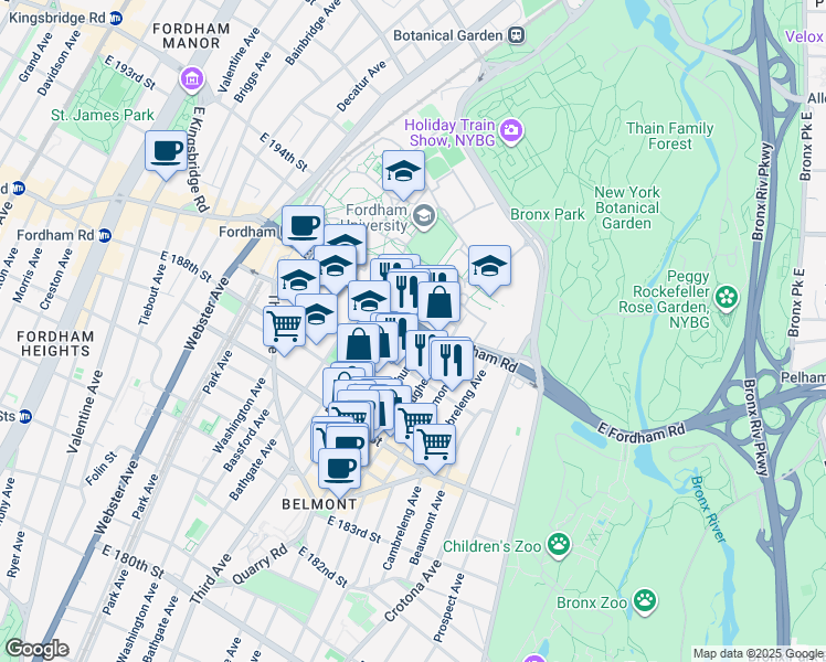 map of restaurants, bars, coffee shops, grocery stores, and more near 580E East Fordham Road in The Bronx