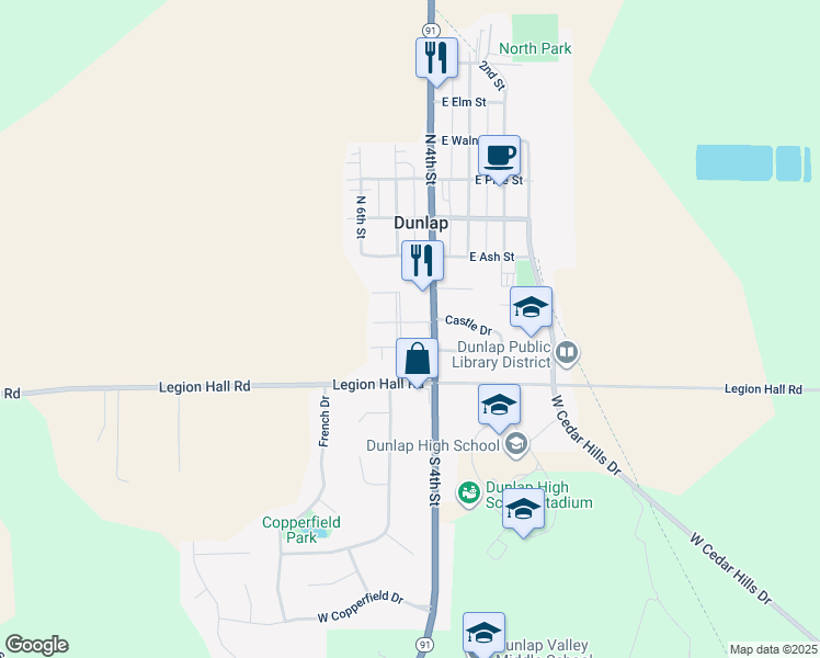 map of restaurants, bars, coffee shops, grocery stores, and more near 108 Graze Avenue in Dunlap