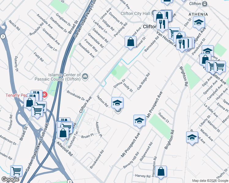 map of restaurants, bars, coffee shops, grocery stores, and more near 72 Donna Drive in Clifton
