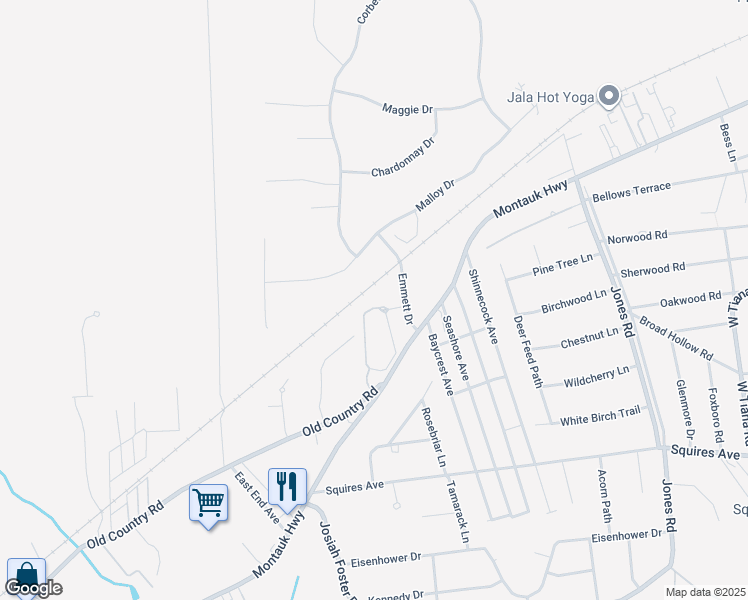 map of restaurants, bars, coffee shops, grocery stores, and more near 1602 Aerie Way in East Quogue