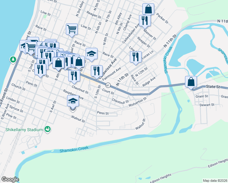 map of restaurants, bars, coffee shops, grocery stores, and more near 23 South 11th Street in Sunbury