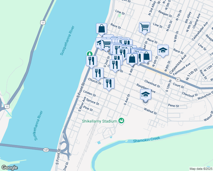 map of restaurants, bars, coffee shops, grocery stores, and more near 242 Church Street in Sunbury