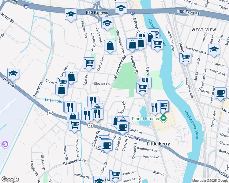 map of restaurants, bars, coffee shops, grocery stores, and more near 462 Liberty Street in Little Ferry