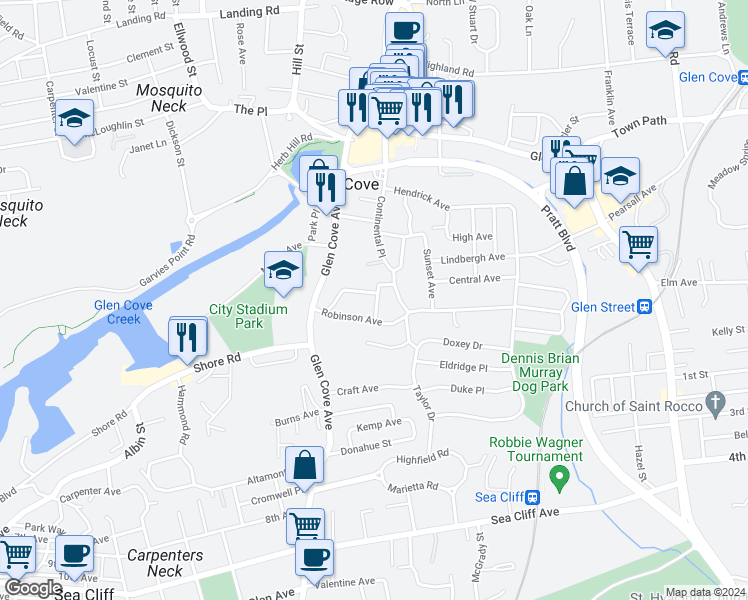 map of restaurants, bars, coffee shops, grocery stores, and more near 1 The Outlook in Glen Cove