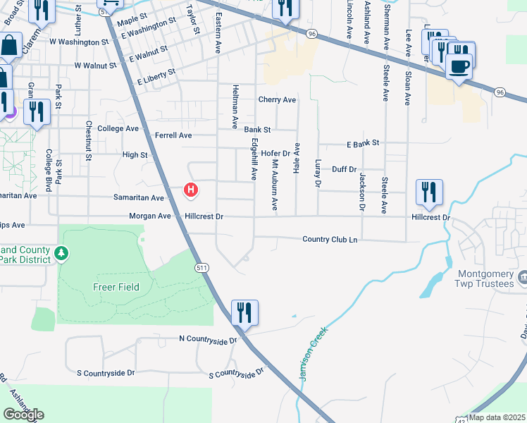 map of restaurants, bars, coffee shops, grocery stores, and more near 512 Hillcrest Drive in Ashland