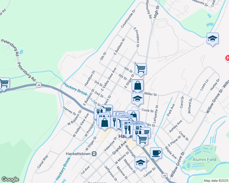 map of restaurants, bars, coffee shops, grocery stores, and more near 146 East Prospect Street in Hackettstown