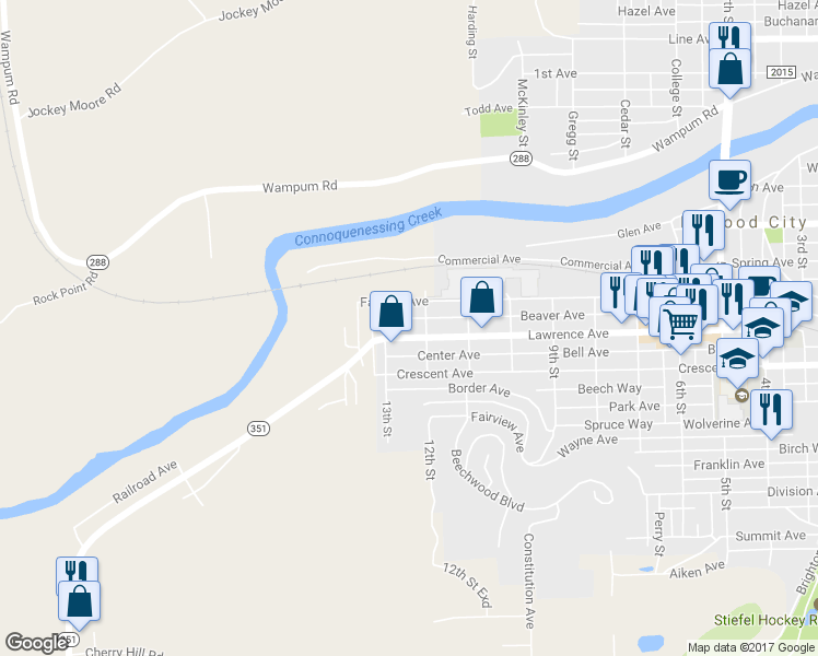 map of restaurants, bars, coffee shops, grocery stores, and more near 1210 Lawrence Avenue in Ellwood City