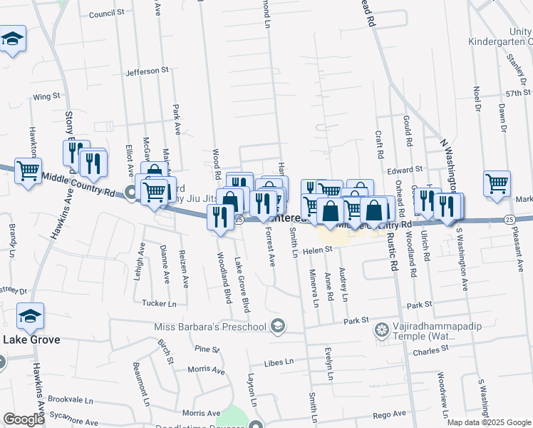 map of restaurants, bars, coffee shops, grocery stores, and more near 2511 Middle Country Road in Centereach