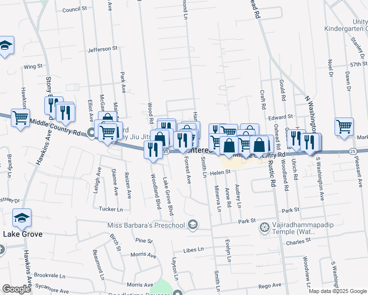 map of restaurants, bars, coffee shops, grocery stores, and more near 2511 Middle Country Road in Centereach