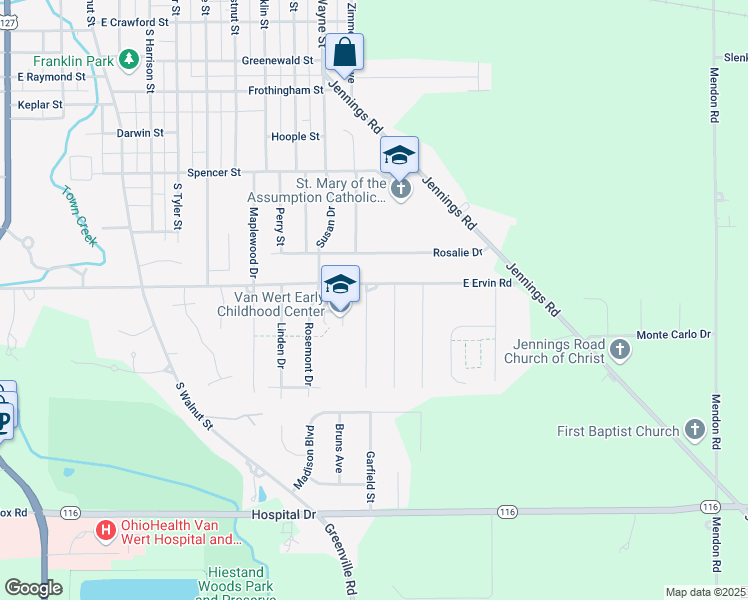 map of restaurants, bars, coffee shops, grocery stores, and more near 1008 Maxine Lane in Van Wert