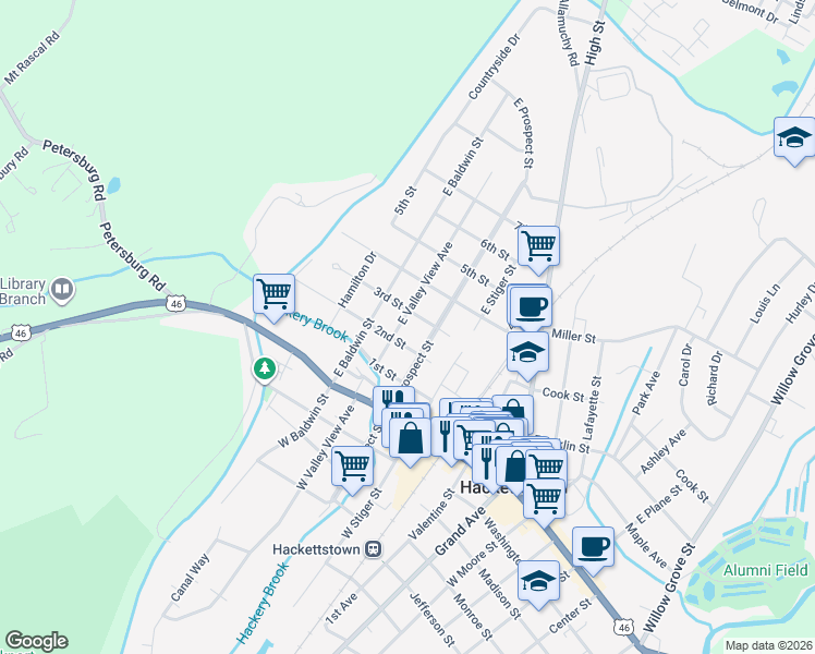 map of restaurants, bars, coffee shops, grocery stores, and more near 304 East Valley View Avenue in Hackettstown