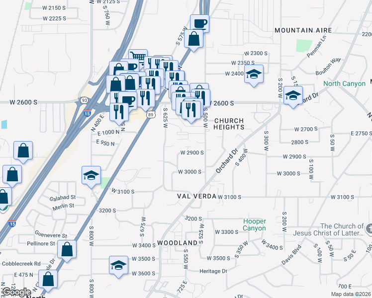 map of restaurants, bars, coffee shops, grocery stores, and more near 552 West 2900 South in Bountiful