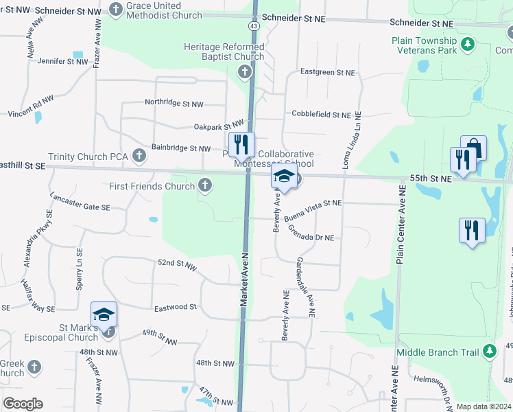 map of restaurants, bars, coffee shops, grocery stores, and more near 5402 Market Avenue North in Canton