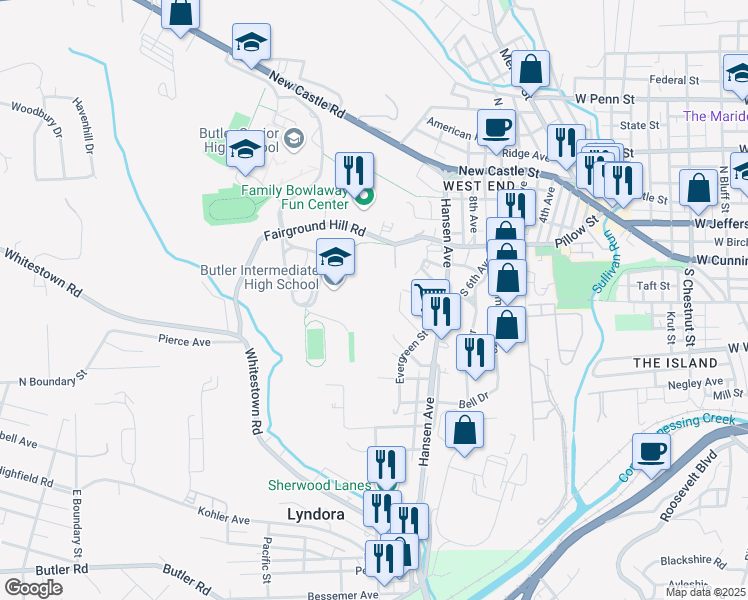 map of restaurants, bars, coffee shops, grocery stores, and more near 551 Fairground Hill Road in Butler
