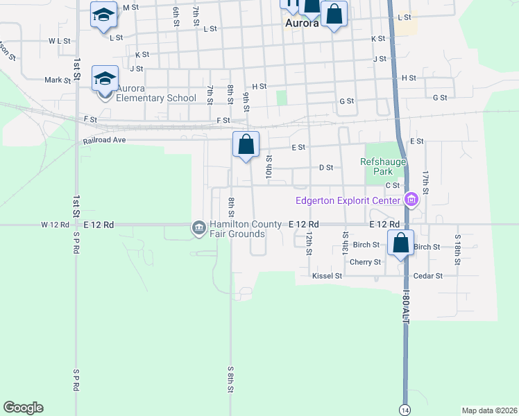 map of restaurants, bars, coffee shops, grocery stores, and more near 100-298 9th St in Aurora