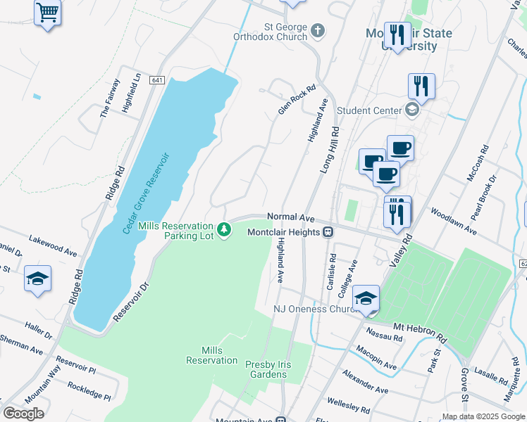 map of restaurants, bars, coffee shops, grocery stores, and more near 19 Lenape Trail in Montclair