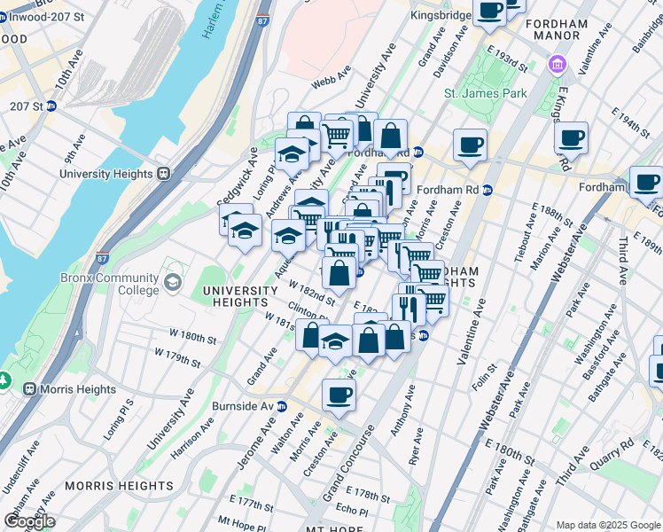 map of restaurants, bars, coffee shops, grocery stores, and more near in The Bronx