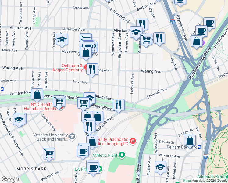 map of restaurants, bars, coffee shops, grocery stores, and more near 2226 Kingsland Avenue in Bronx