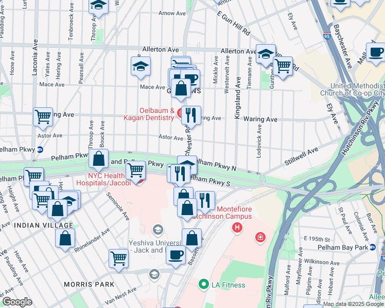 map of restaurants, bars, coffee shops, grocery stores, and more near 2213 Woodhull Avenue in Bronx