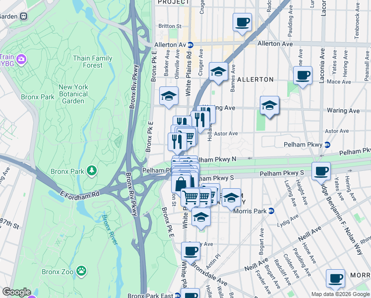 map of restaurants, bars, coffee shops, grocery stores, and more near 2232B White Plains Road in Bronx