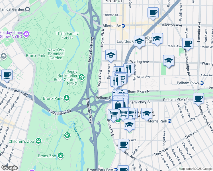 map of restaurants, bars, coffee shops, grocery stores, and more near 2244 Bronx Park East in The Bronx