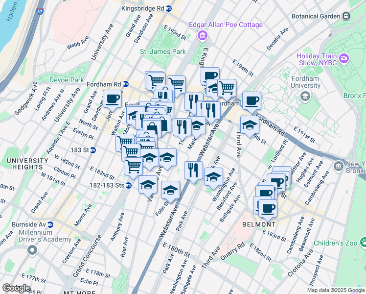 map of restaurants, bars, coffee shops, grocery stores, and more near 333 East 184th Street in The Bronx