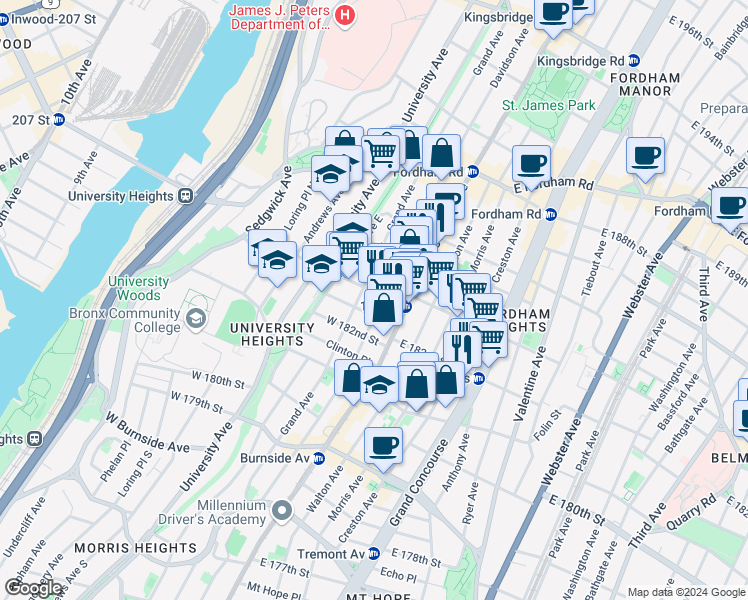 map of restaurants, bars, coffee shops, grocery stores, and more near in The Bronx