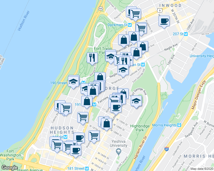 map of restaurants, bars, coffee shops, grocery stores, and more near 11 Hillside Avenue in New York